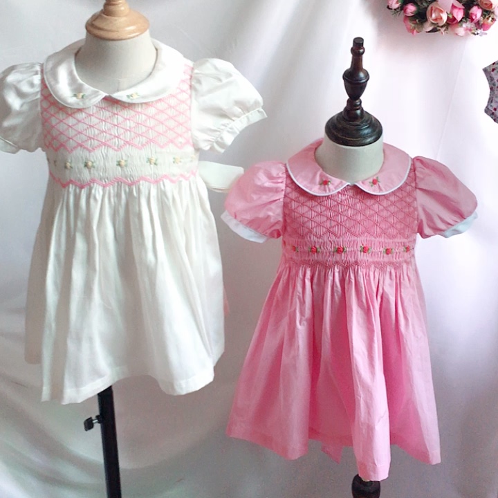 C042196 Summer Kids Smocked Clothing Red Little Baby Girls Dresses