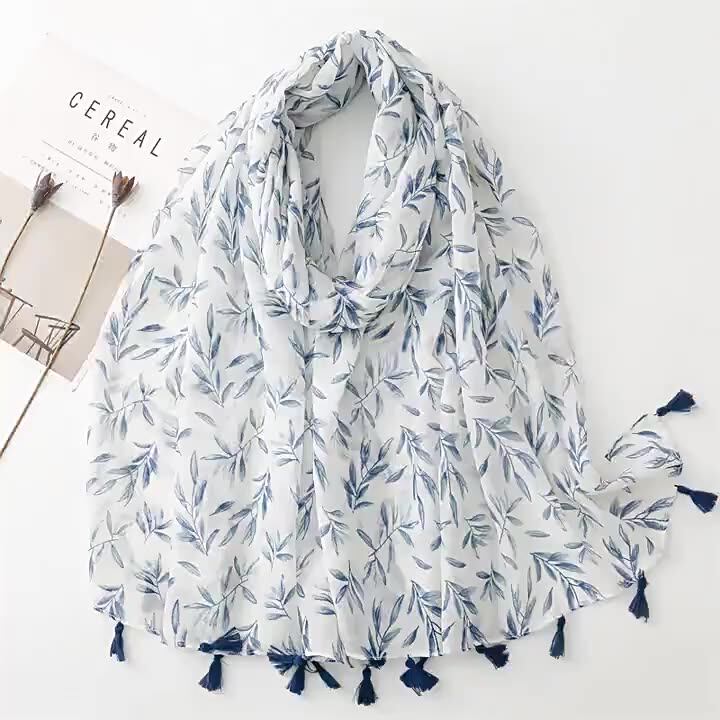 Newest Design Summer Fashion Elegant Simple Blue Leaf Pattern Shawls for  Women Breathable Cotton Voile Printed Thin Scarf Hijabs