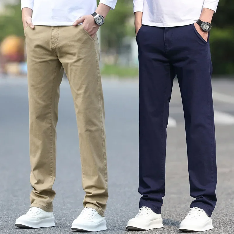 Summer and Spring Men's Youth Fashion Pure Cotton Casual Pants, Versatile Solid Color Elastic Small Straight Leg Slim Long Pants