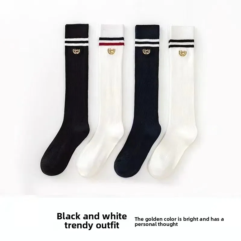 Two bars academic style tube socks horizontal stripe letter embroidery knee-high calf socks solid color thin JK women's socks