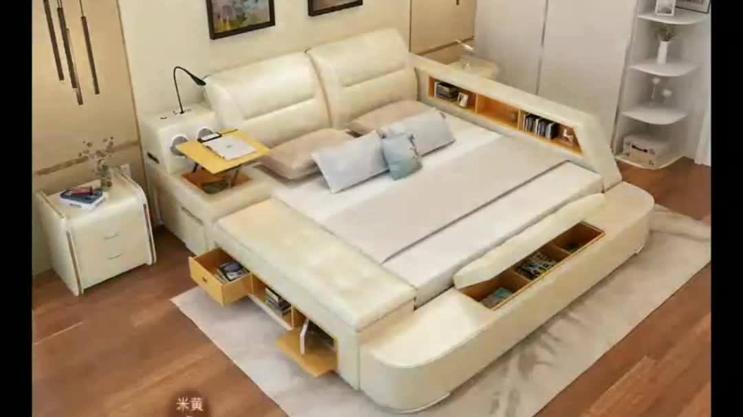 Modern Brown Bedroom Furniture Leather Bed With Speaker Usb Charger