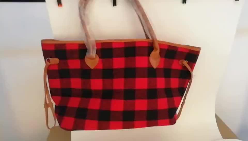 Plaid Women Handbag Black And White Check Design Tote Bag Wool Material