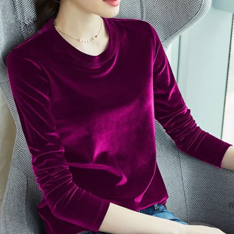 Velvet Lined Long-Sleeve T-Shirt for Women - 2025 Autumn/Winter New Women's Round Neck Slimming Base Shirt - European Style