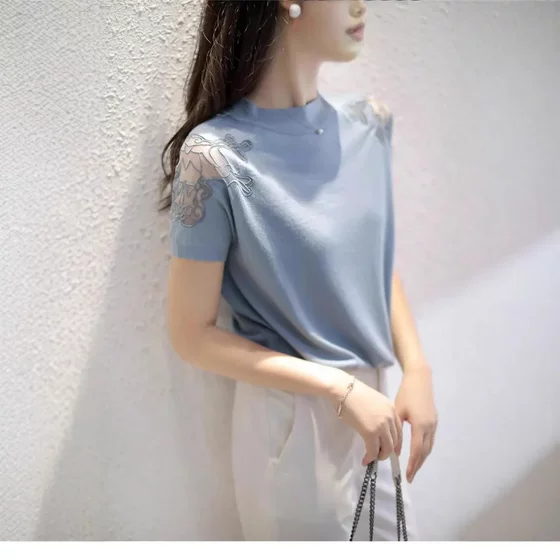 A generation of women's 2023 Summer new temperament pullover mesh embroidery Ice Silk short sleeve sweater top
