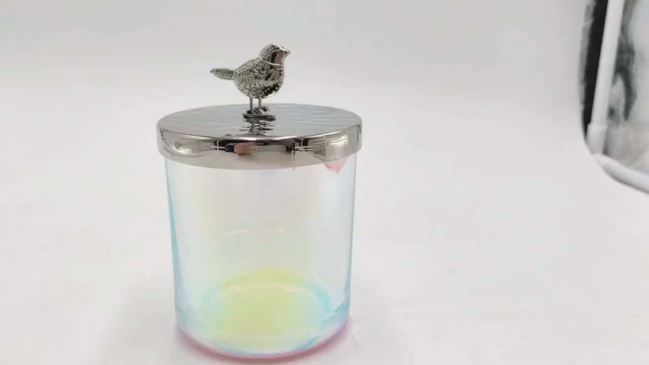 Fancy Iridescent Glass Candle Jar With Metal Bird Lid Buy Glass