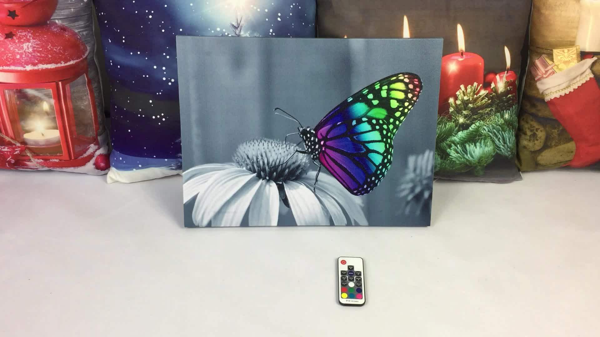 New Battery Open Canvas Picture With Led Light Colorful Butterfly Wall