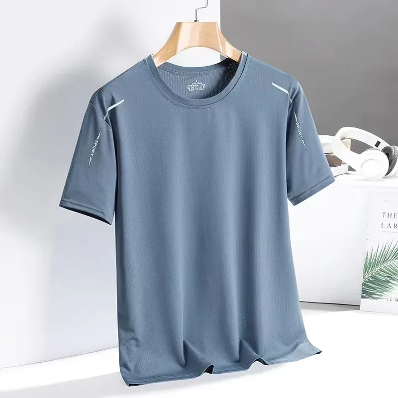 Men's Ice Silk Short-Sleeve T-Shirt, Summer Pure Color Loose Breathable High-Elastic Quick-Dry Sports Casual Men's T-Shirt