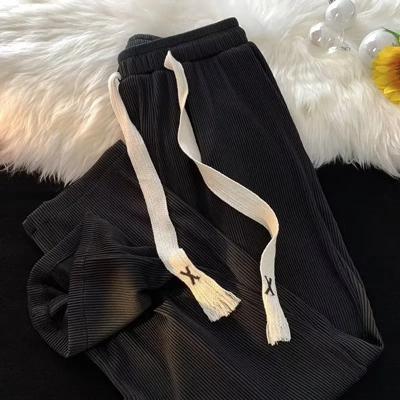 Men's Summer Ice Silk Pants with Drape and Ice Feel, High Street Sporty Loose Straight Leg Fashion Wide Leg Casual Trousers