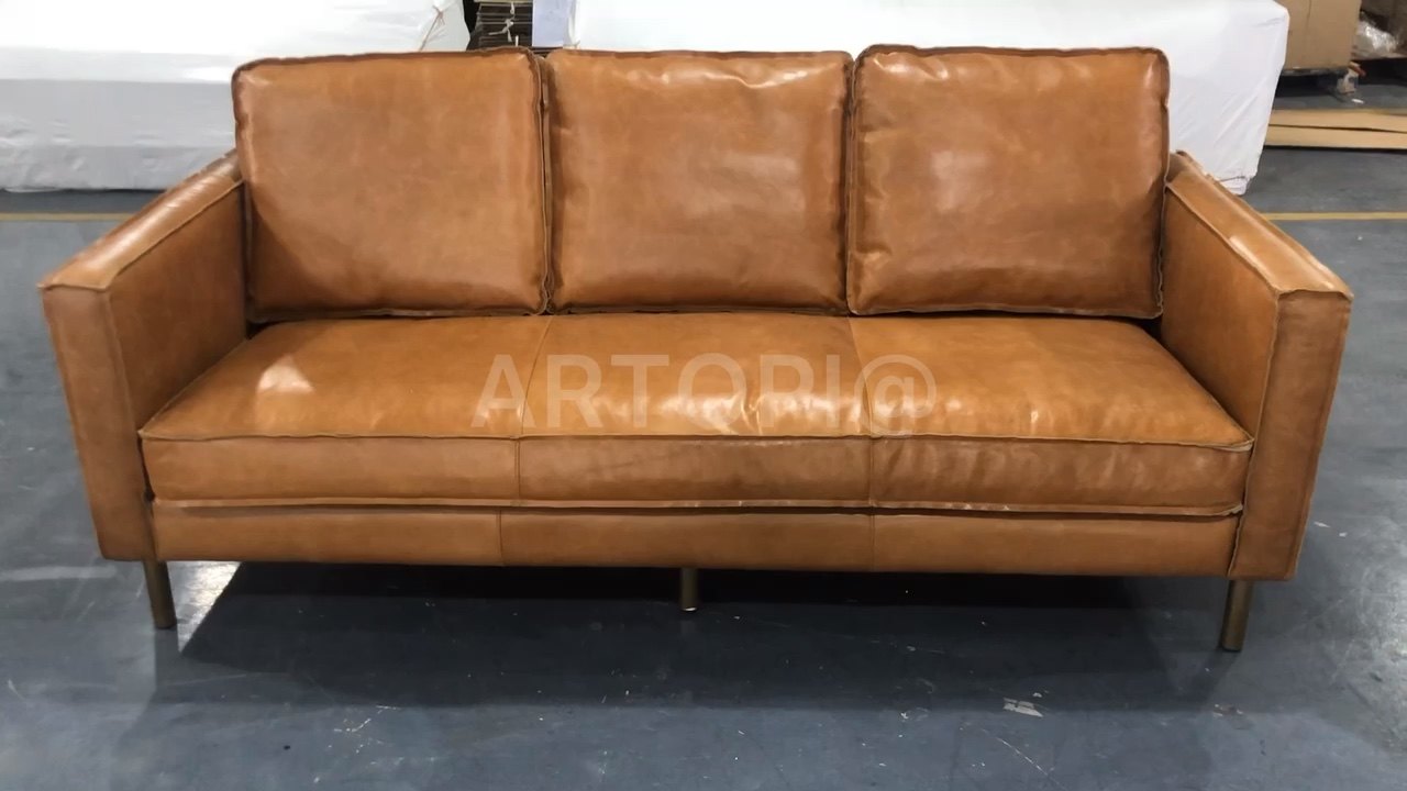 Mid Century Modern Style Genuine Leather Sofa 3 Seats Living Room Sofa