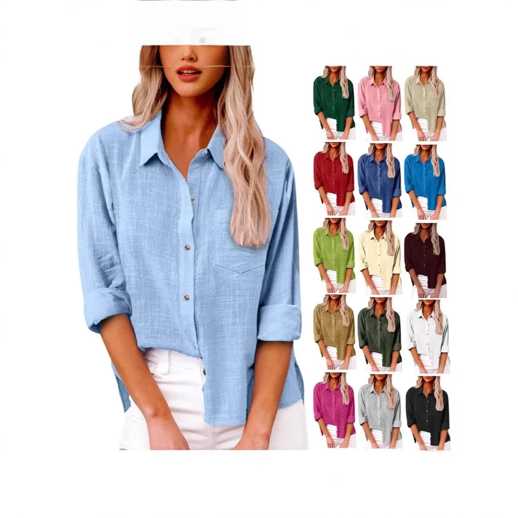 Amazon 2025 Explosions Spring and Summer Long Sleeve Women's Cotton and Linen Shirt Europe and the United States Cross-border New Casual Button Top Women
