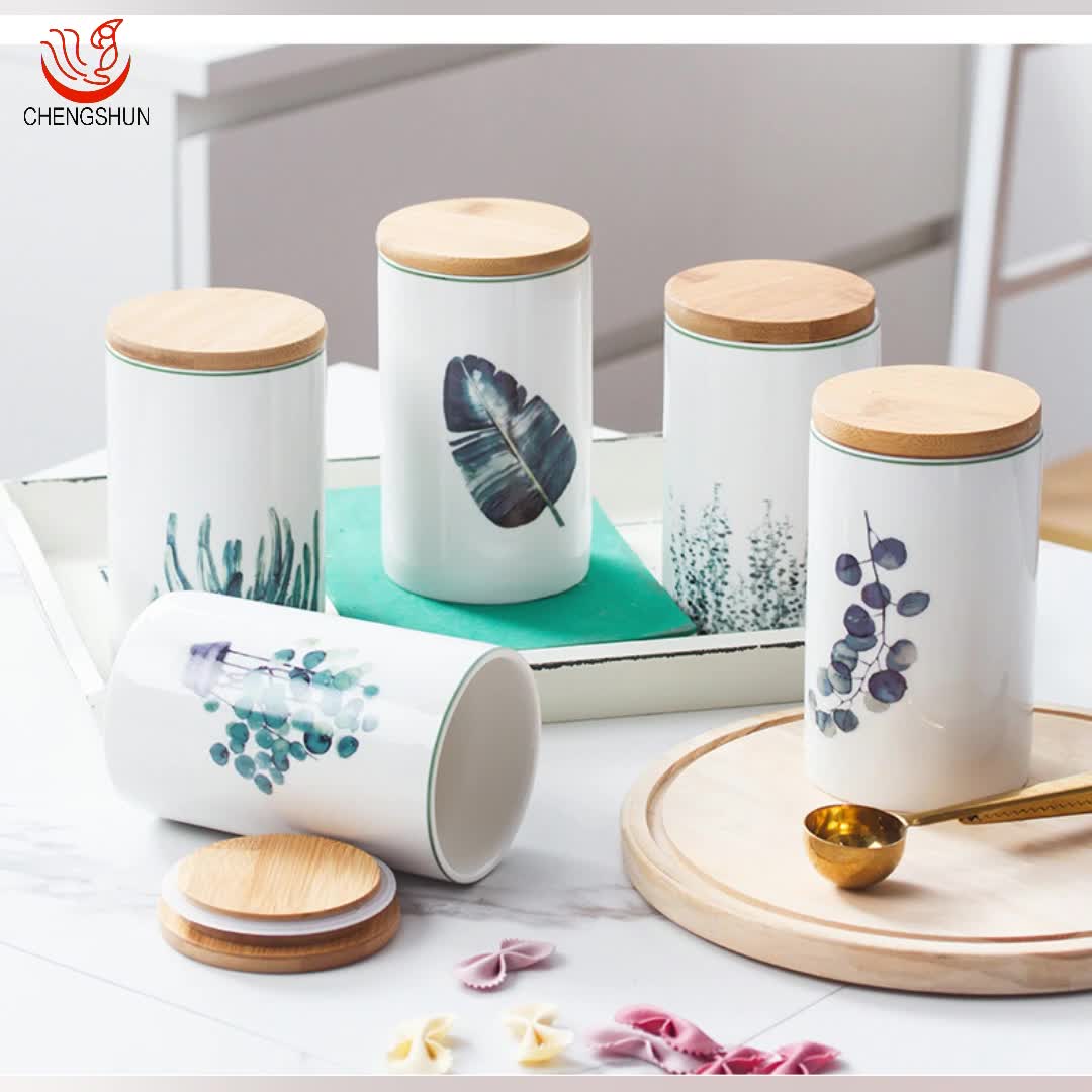 Green Leaf Pattern Coffee Bean Storage Container Kitchen Ceramic