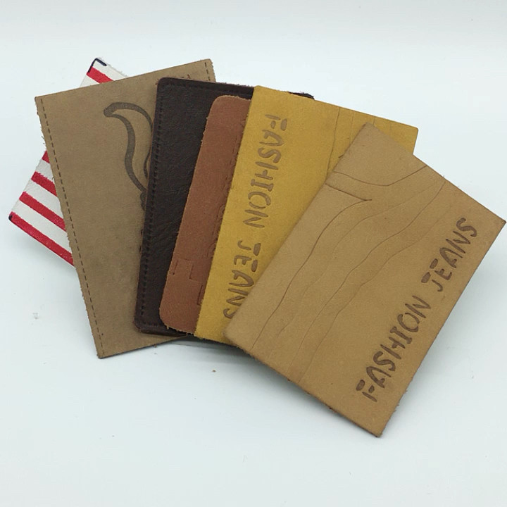 Custom Denim Hot Pressed Embossed Brand Name Genuine Brown Leather