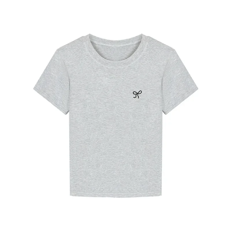 Butterfly knot embroidery short-sleeve T-shirt for women, 2025 summer new style slim fit regular shoulder sweet and spicy student round neck basic top