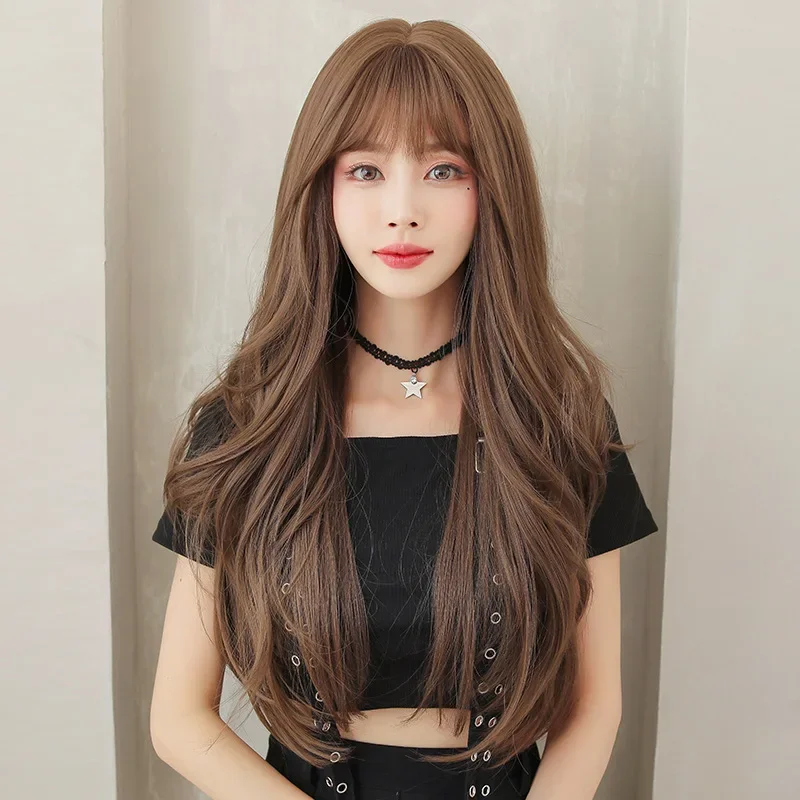 Wig Women's Long Hair Air Bangs Large Wave Long Curly Hair Natural Realistic Fluffy Curly Hair Headset Korean Style Hairstyle