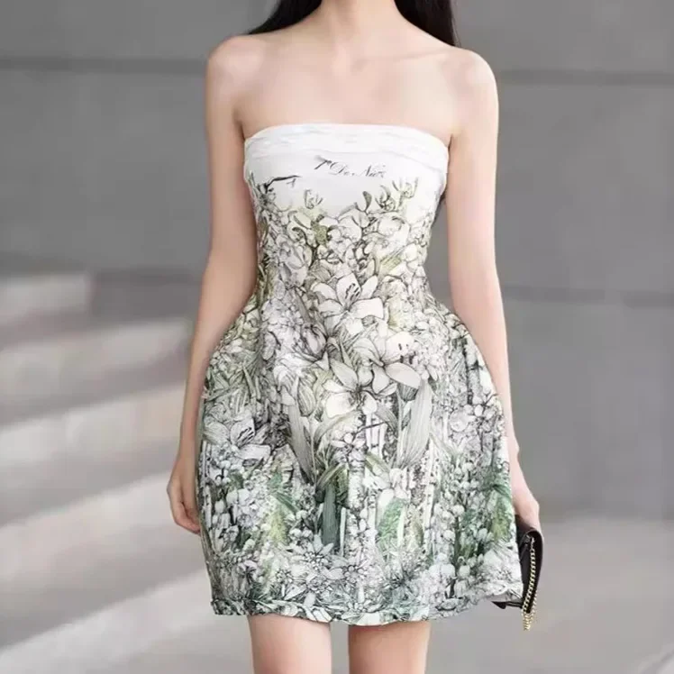 Đầm maxi nữ thắt eo cổ tròn in họa tiết — Màu như ảnh