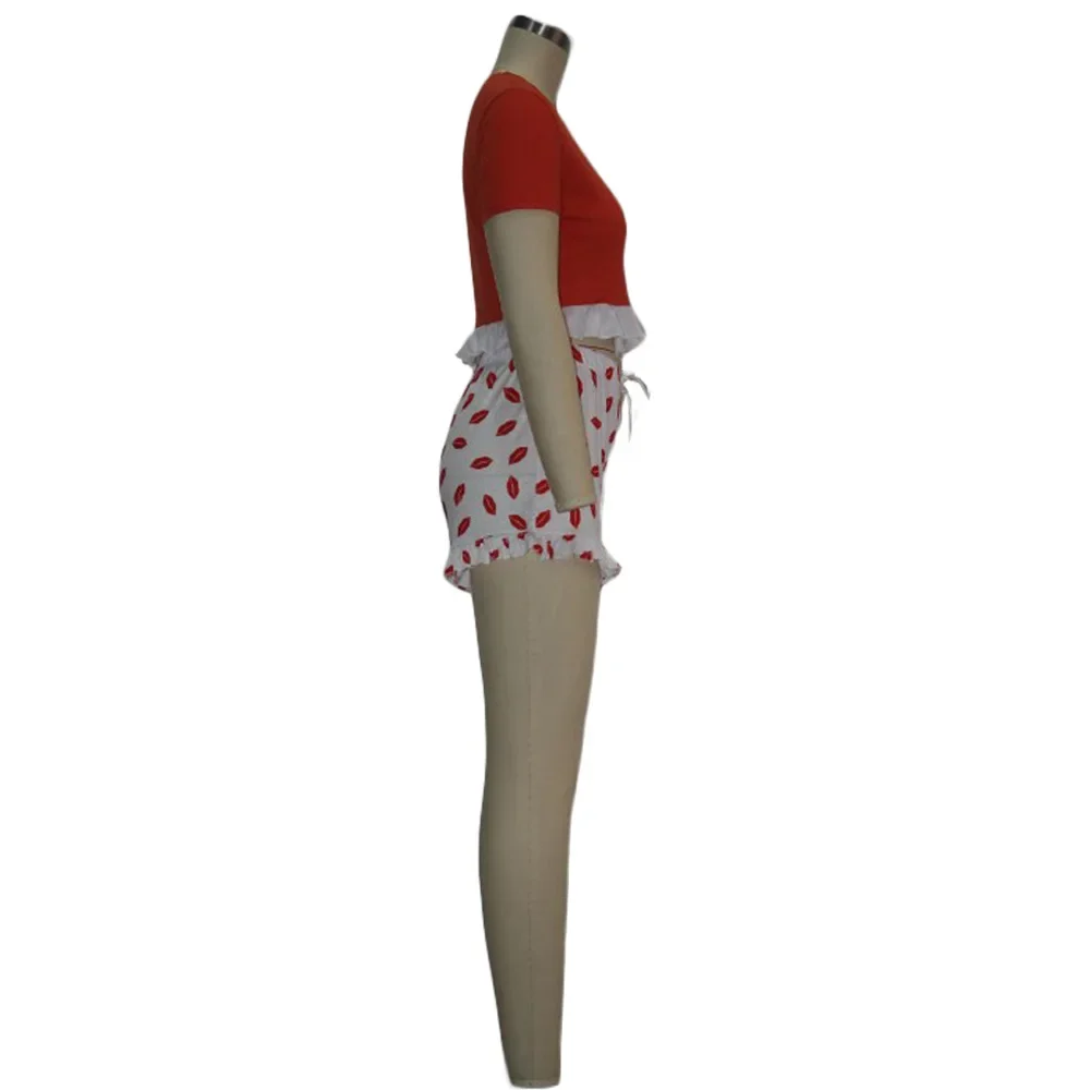 Cross-border Explosions 2020 Summer Women's New Color-matching Short-sleeved Slim-fit Lace T-shirt Casual Printed Shorts suit