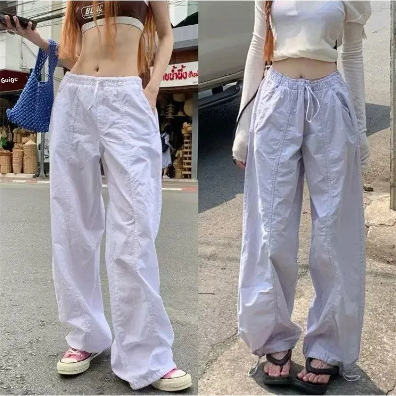 美式2023秋季新款抽繩高腰降落傘褲女辣妹寬鬆直筒休閒闊腿工裝褲