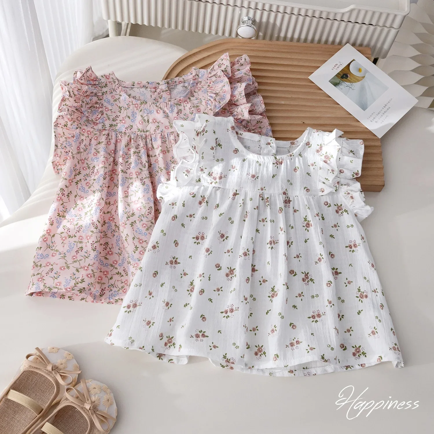 Girls' fresh floral doll shirt 2025 summer new baby Korean style flying sleeve lace top cotton