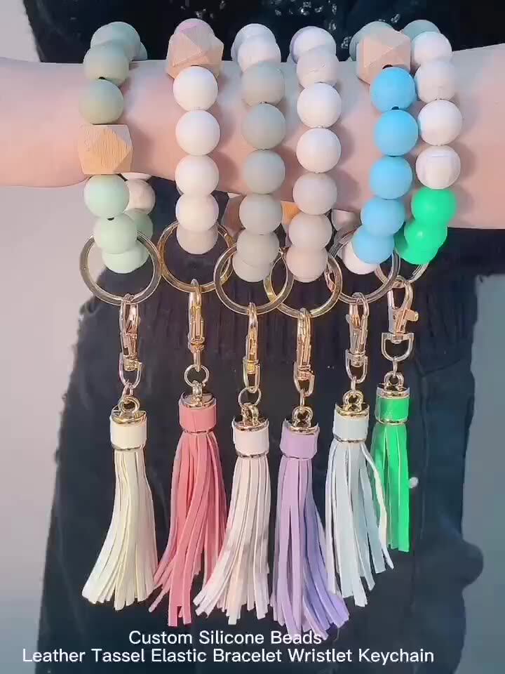 Silicone Beads Key Chains With Tassel Wood Beads Bracelet Keyring Multicolor Keychain Mobile Phone Wholesale Customized Order