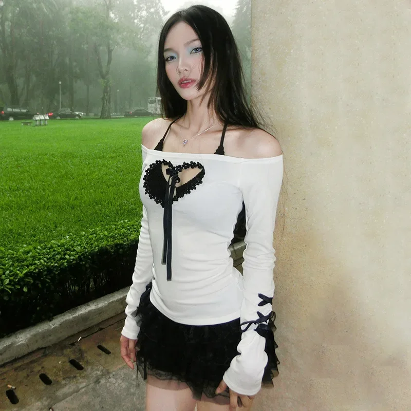 G24TP068 American one-shoulder love hollow lace webbing slim fit slim contrasting top for women long-sleeved hot girls