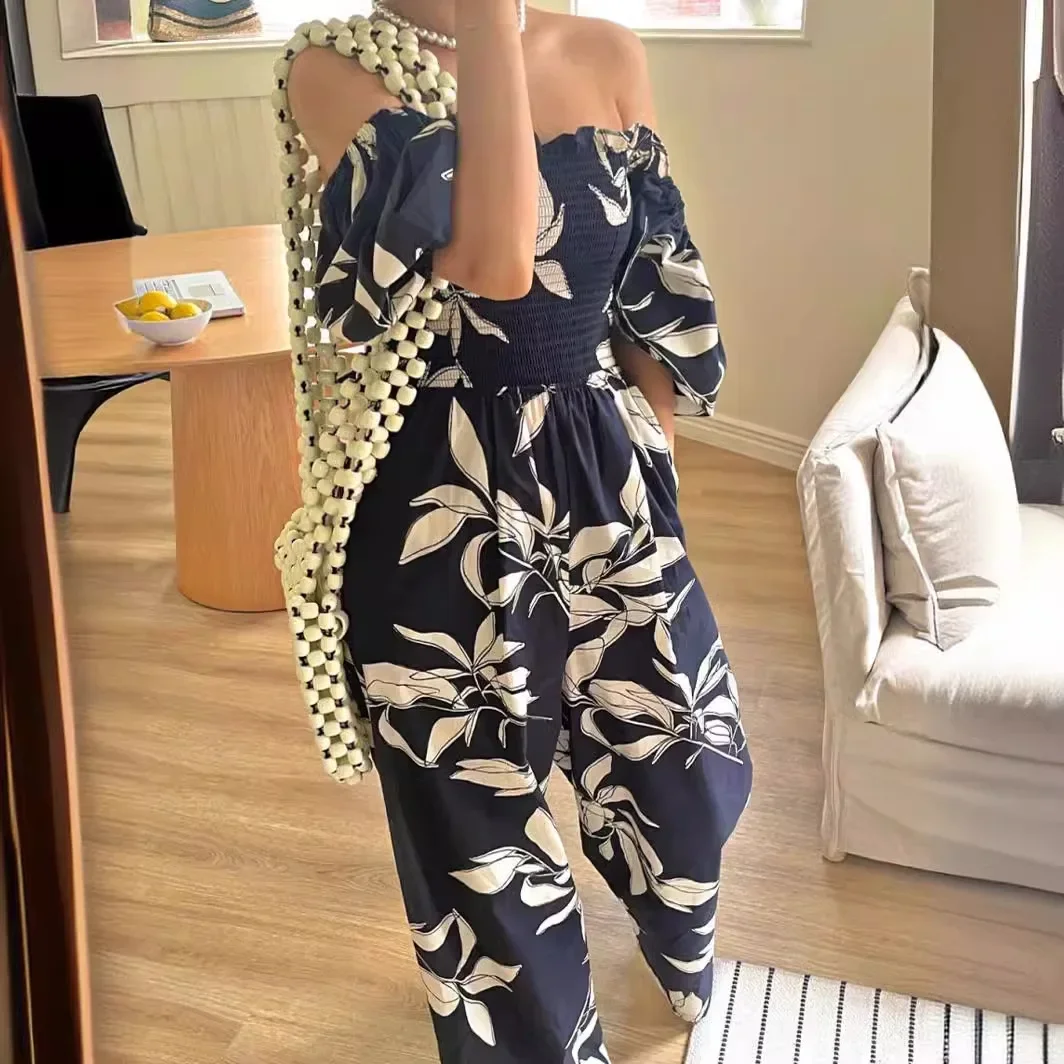 All-Match Leaf-Print Puff-Sleeve One-Neck Pants