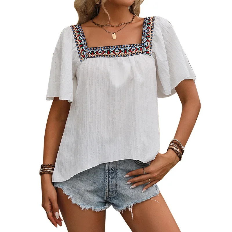 International Trade Cross-Border Summer Vacation Floral Edge Embroidered Square Collar Turtleneck Top Sleeveless Backless Hem Dress for Women