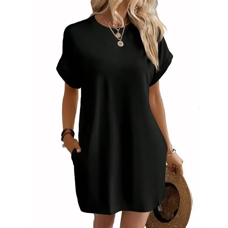 solid color dress with a round collar with pockets