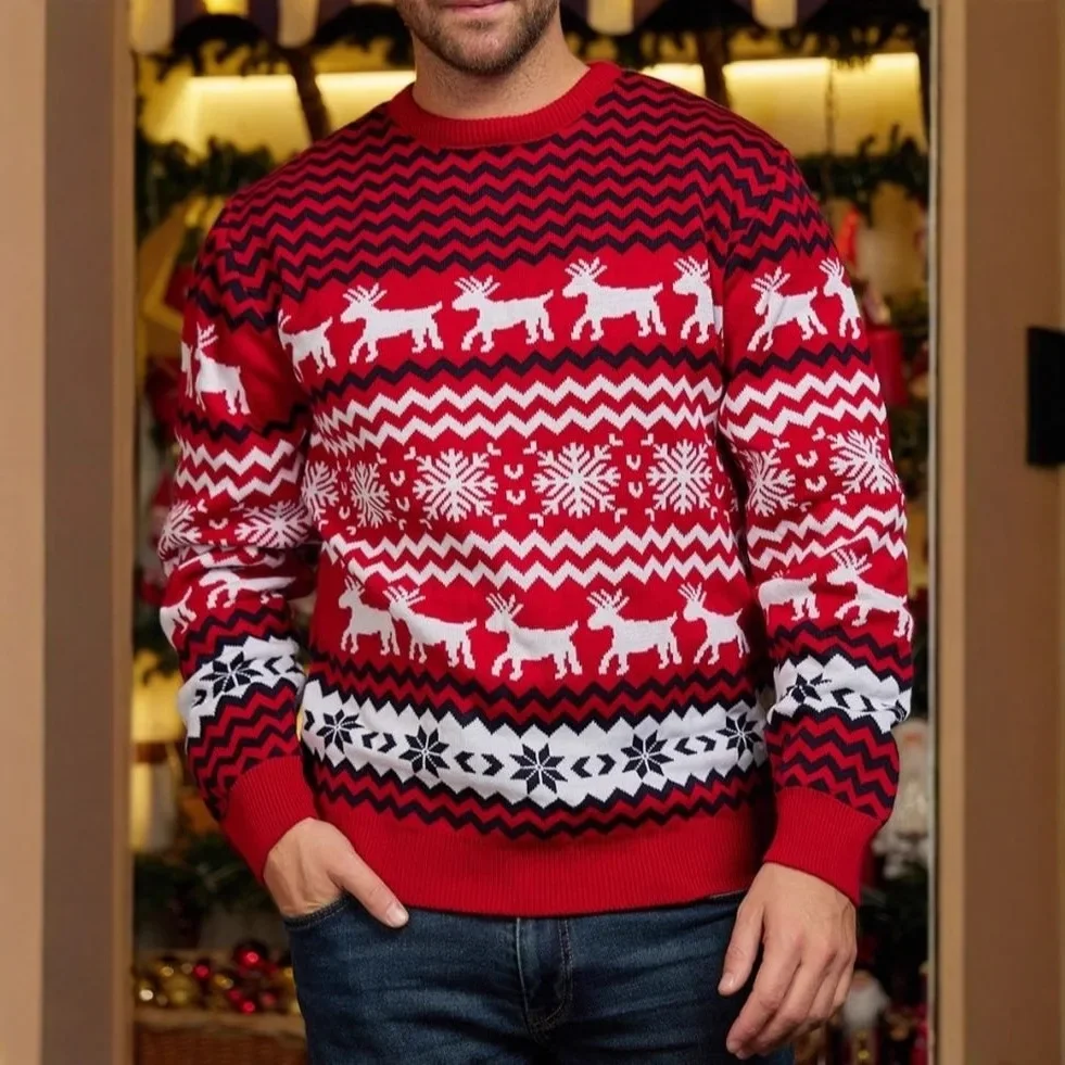 Little Snowflake Christmas Sweater Autumn and Winter Casual Couple Outfit Christmas Round Neck Knitted Sweater Cross-Border Trade Men's Jacquard Sweater