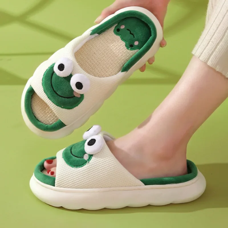 Frog Summer Couples Four Seasons Wearing Linen Slippers Cute Frog Indoor Slippers Non-Slip Platform Summer Sandals