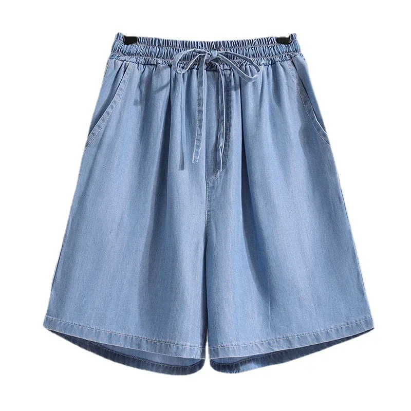 Cotton blend denim shorts for girls, summer new thin ice silk casual five-inch loose wide-leg high-waist A-line hot pants for plus size