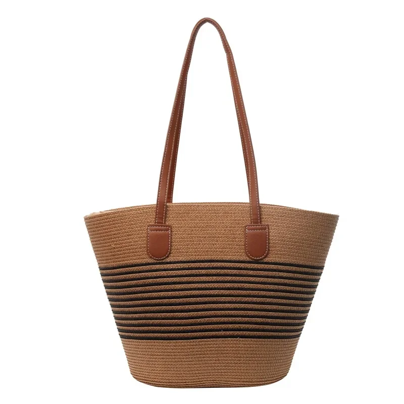 Straw Large Bag Women's Summer Seaside Tote Bag Large Capacity Woven Shoulder Bag Rattan Straw Bag Vegetable Basket Bucket
