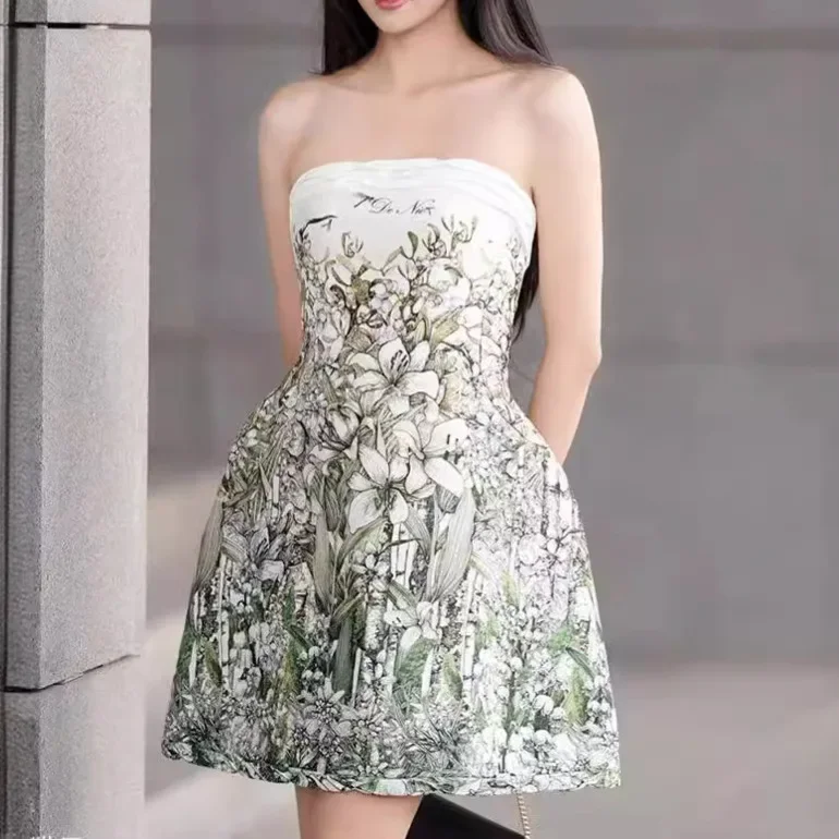 Đầm maxi nữ thắt eo cổ tròn in họa tiết — Màu như ảnh chi tiết 3