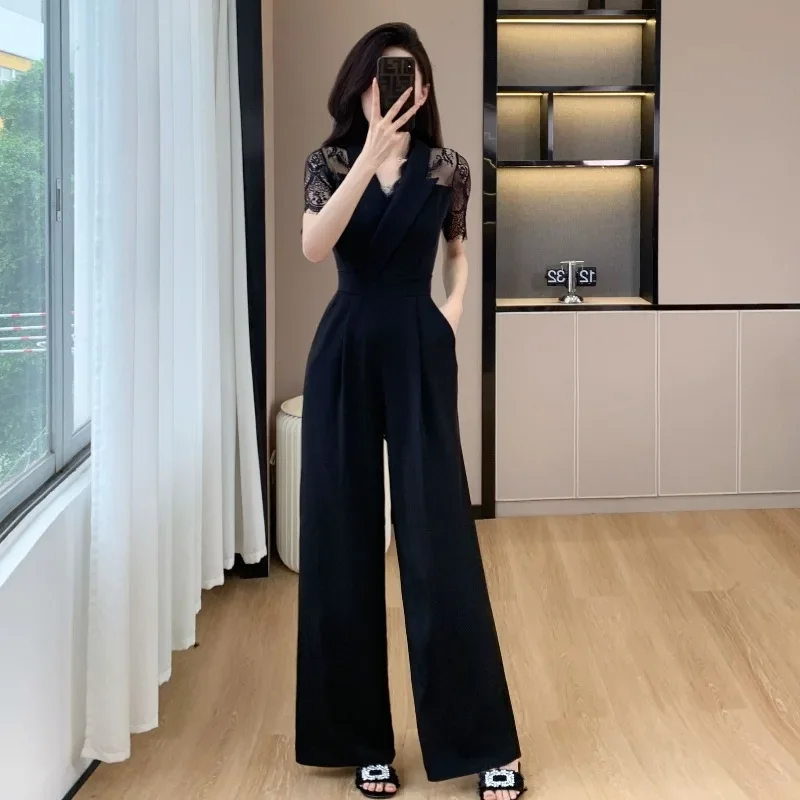 High cold Yuoshi wind jumpsuit 2024 Summer new temperament fashion lace hollowed out jumpsuit a hair female