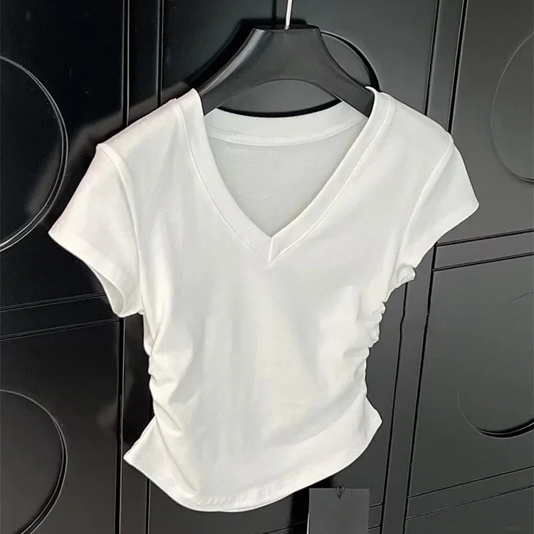 American-style V-neck solid color regular shoulder short-sleeve women's summer top with design sense, niche waist-cinch pleated slimming hot girl t-shirt base layer