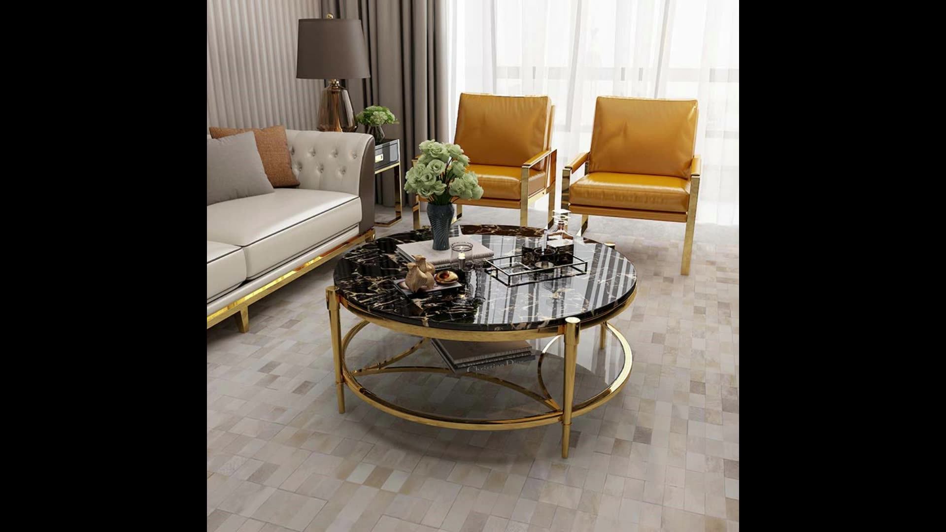 Luxury Modern Round Stainless Steel Base Golden Color Tempering Glass