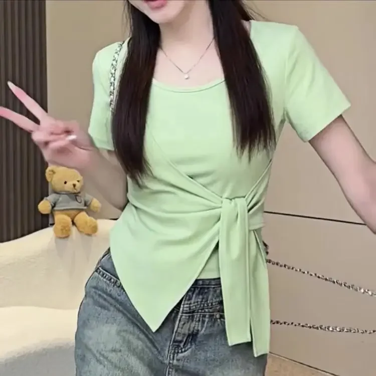 Designed with Slits and Straps, Waist-Cinching Short-Sleeved T-Shirt for Women, 2026 Summer New Style, Fashionable and Slim-Fitting Top