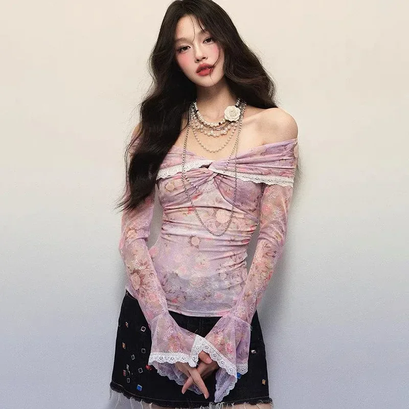 Savadika Q24TP542 American hot girl one shoulder flower print lotus leaf lace mesh long sleeve top