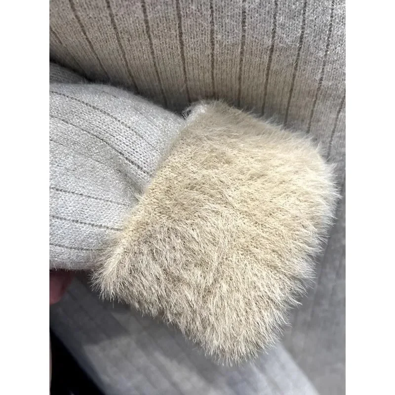 Thickened integrated fuzzy half-sleeve women's winter new warm and warm innerwear plain color versatile base knit sweater