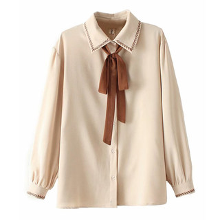 早春加肥加大码女宽松上衣显瘦200斤胖mm刺绣飘带长袖衬衫女潮