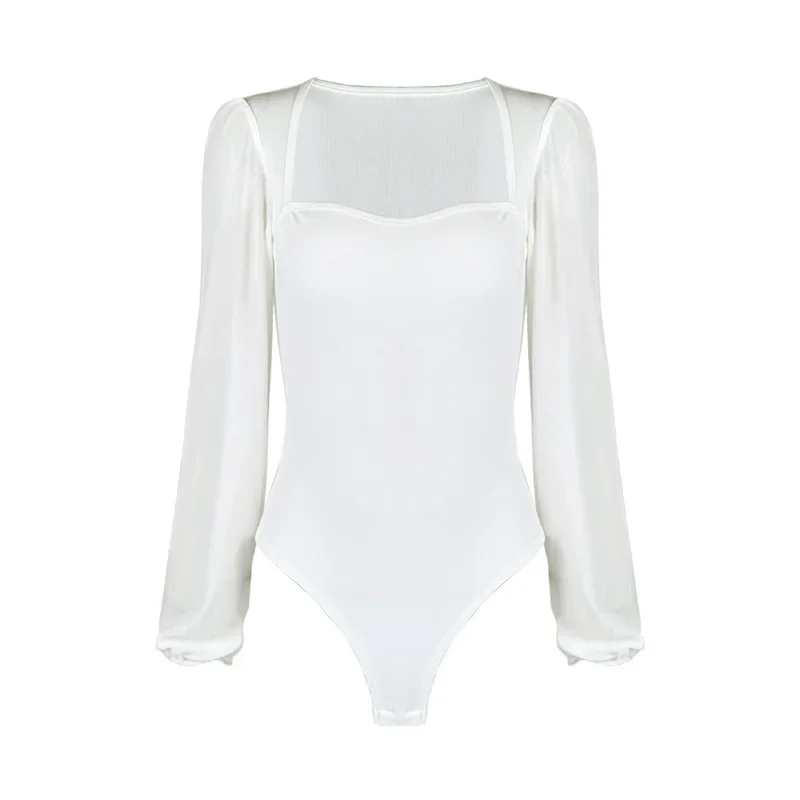 2024 Autumn New European and American Body Suit Sexy Fashion Spliced Mesh Lace Lantern Sleeve One Piece Women's Bodysuit 