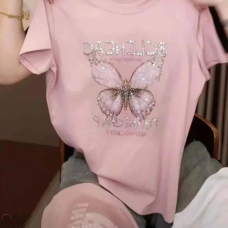 Plus-Size Design Butterfly Rhinestone Short-Sleeve T-Shirt for Women, New Summer Style, Loose and Slimming, Covering the Arms, Fashionable Top