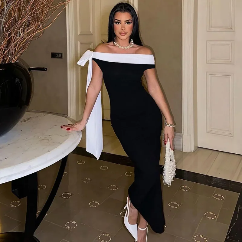 Autumn 2025 new off-shoulder tube-top sleeveless ribbon dress European and American style elegant slim hip dress