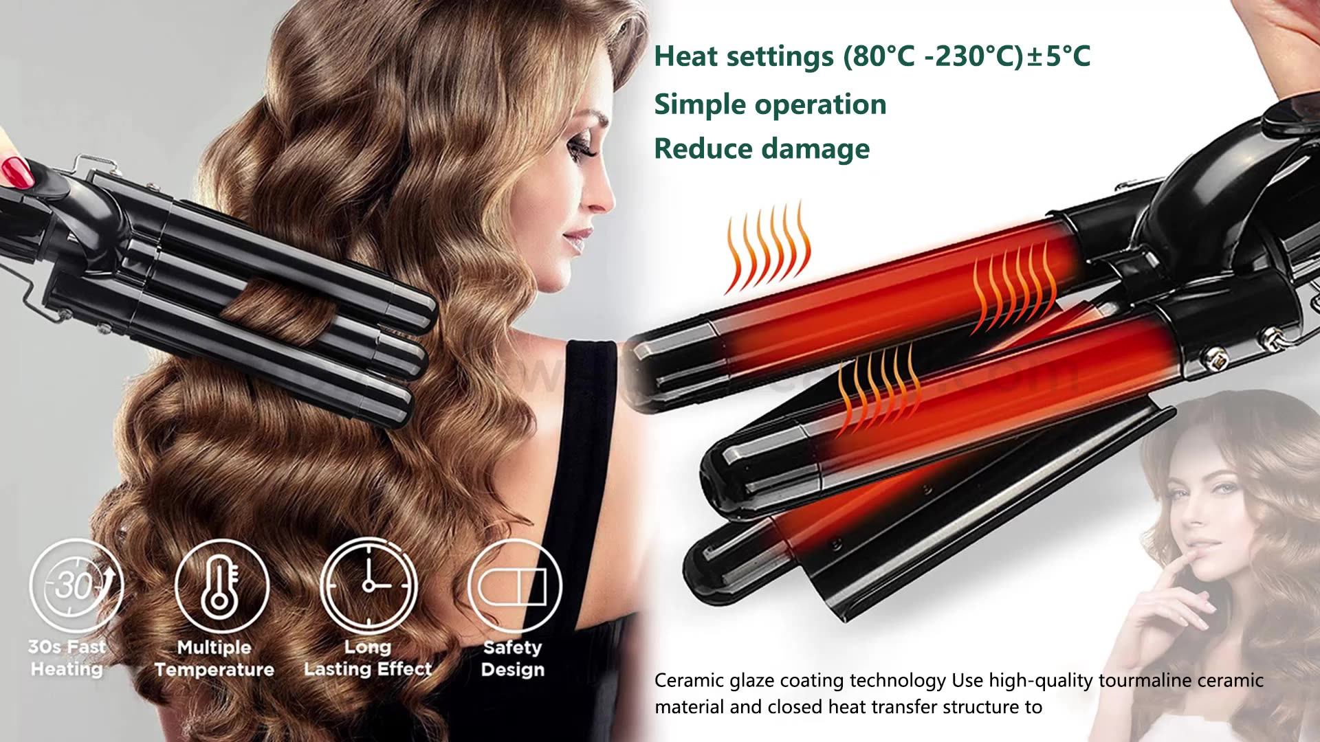 3 Barrel Hair Crimper Ceramic Triple Barrels Hair Waver Curler Three