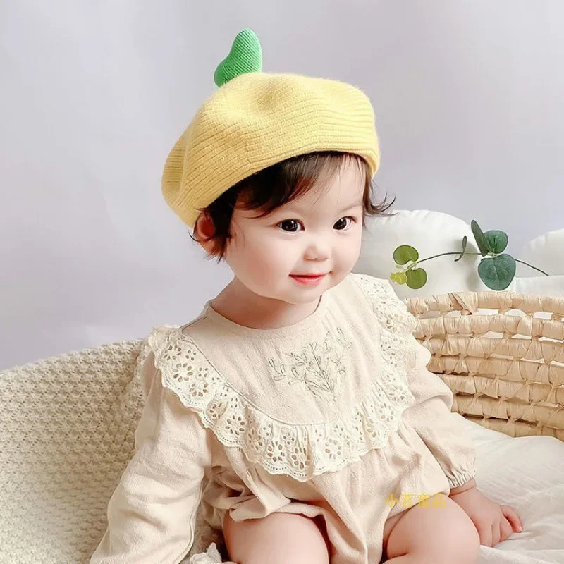 Brand children's hat girl's, knitted cute demi-season beret for early age, western style