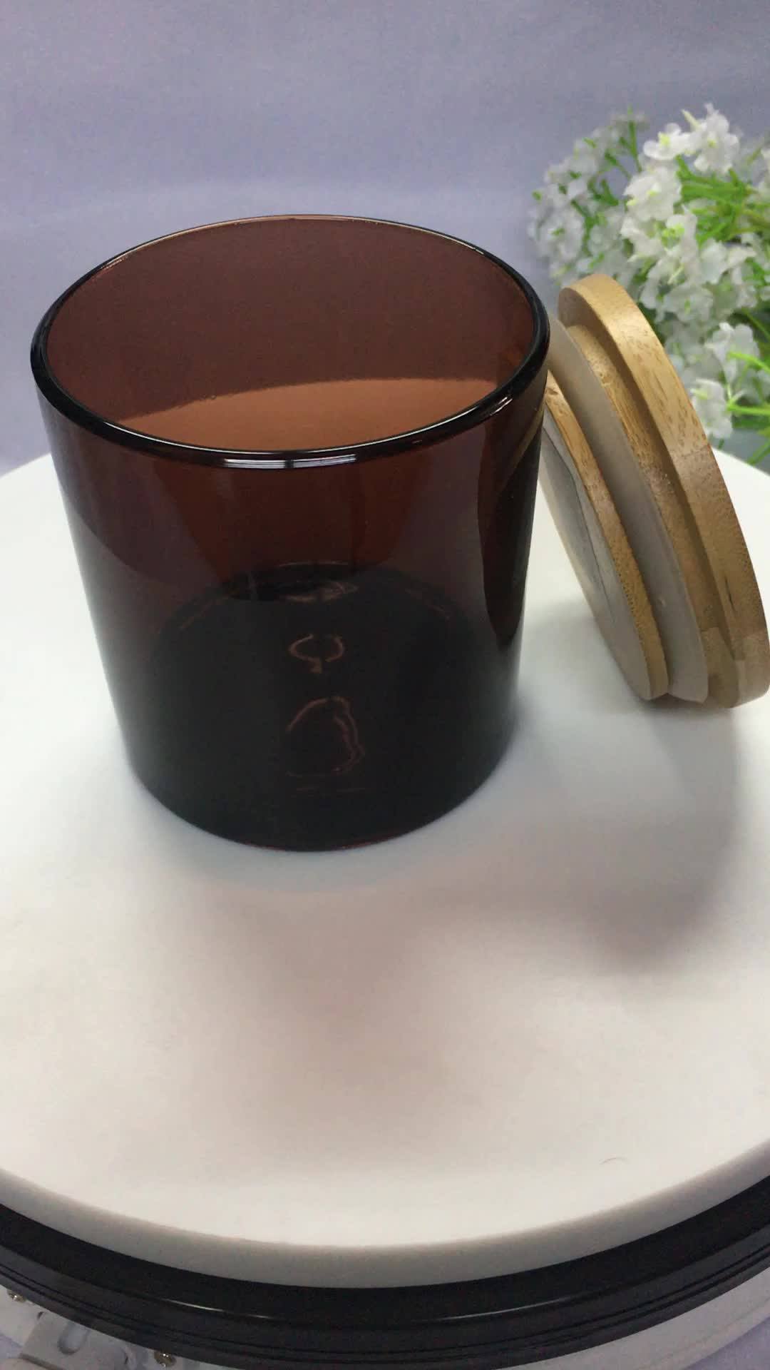 9oz Cut Color Amber Glass Candle Jar With Wooden Lid Buy Glass Jar