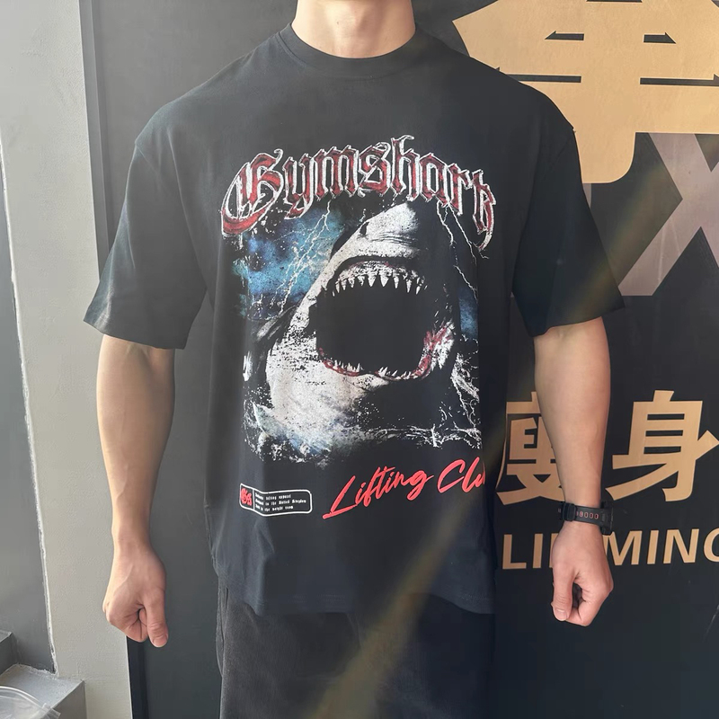Gymshark Fitness Sports Loose Shark Short-Sleeve T-Shirt with Shark Head and Leopard Head, Breathable and Sweat-Absorbent, European and American Sizes Gymshark Fitness Sports Loose Shark Short-Sleeve T-Shirt with Shark Head and Leopard Head, Breathable and Sweat-Absorbent, European and American Sizes