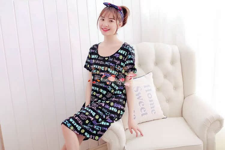 Đồ ngủ nữ mùa xuân và mùa hè ngọt ngào dễ thương ngắn tay nightdress vòng cổ bông dịch vụ nhà kích thước lớn thai sản dress cộng với chất béo váy