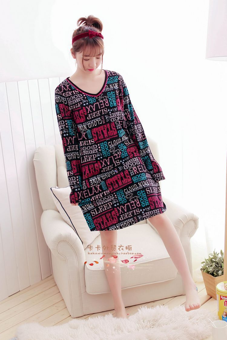 Mùa xuân và mùa hè phần mỏng ladies nightdress cộng với chất béo kích thước lớn vòng cổ dài tay váy đan nightdress đồ ngủ Châu Âu mã đơn giản ...