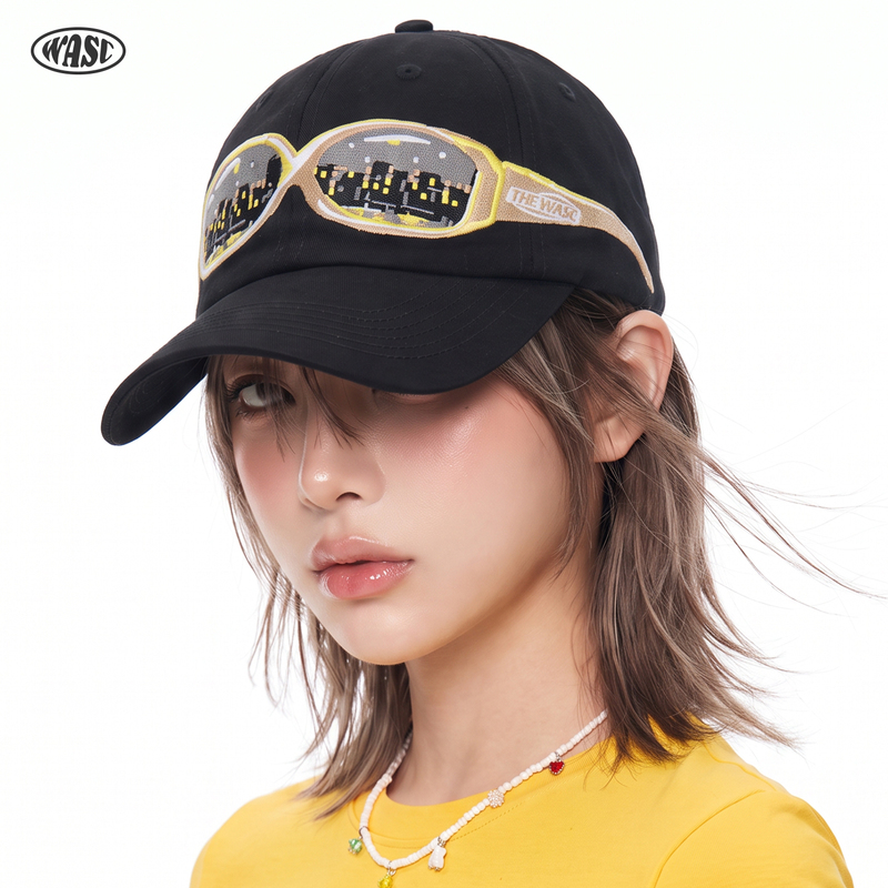 New American Retro Black Washed Baseball Cap for Women with 3D Sunglasses Embroidery, Men's Curved Brim Sunshade Cap, Trendy