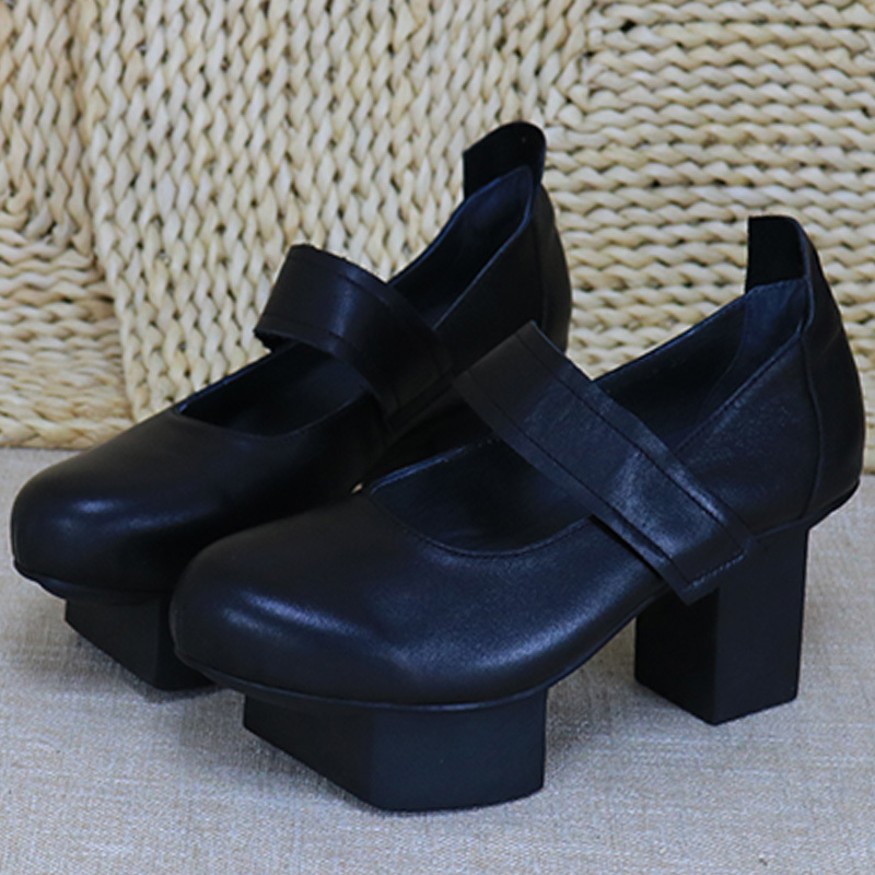 Fengmei Songqing Chunky Heel Single Shoes for Women, Genuine Leather Shallow Mouth Court Style Shoes, First Layer Cowhide, Chinese Style Retro Flower Pot Sole Shoes Fengmei Songqing Chunky Heel Single Shoes for Women, Genuine Leather Shallow Mouth Court Style Shoes, First Layer Cowhide, Chinese Style Retro Flower Pot Sole Shoes